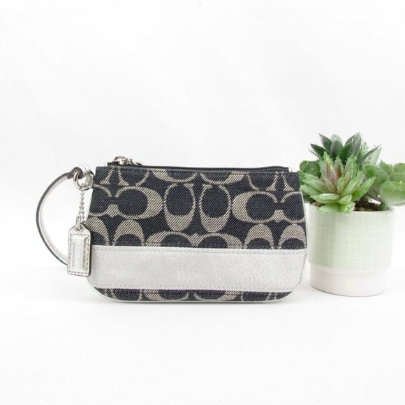 Coach Signature Denim Silver Stripe Wristlet - Picture 1 of 7